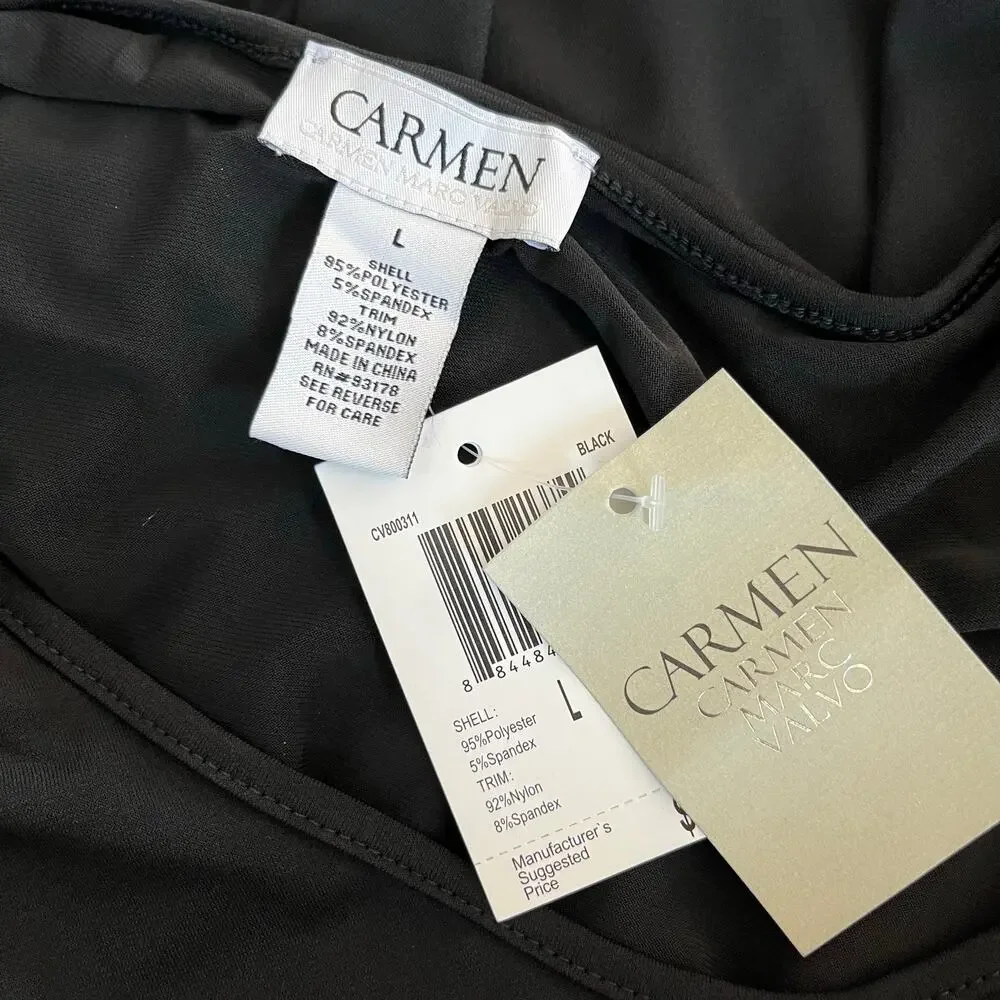 Carmen Marc Valvo Black V-Neck Sheer Mesh Sleeve Blouse NWT Large - Picture 3 of 11